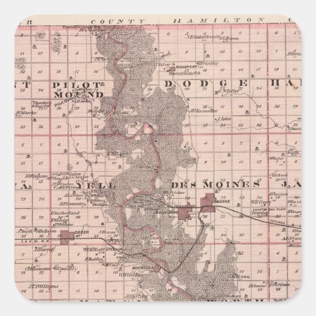 Pegatina Cuadrada Mapa del condado de Boone, estado de Iowa (Anverso)