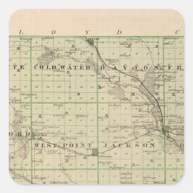Pegatina Cuadrada Mapa del condado de Butler, estado de Iowa (Anverso)