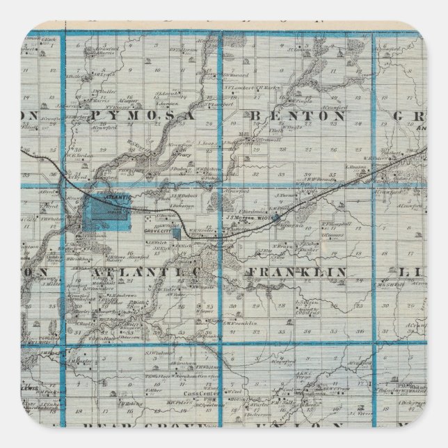 Pegatina Cuadrada Mapa del condado de Cass, estado de Iowa (Anverso)