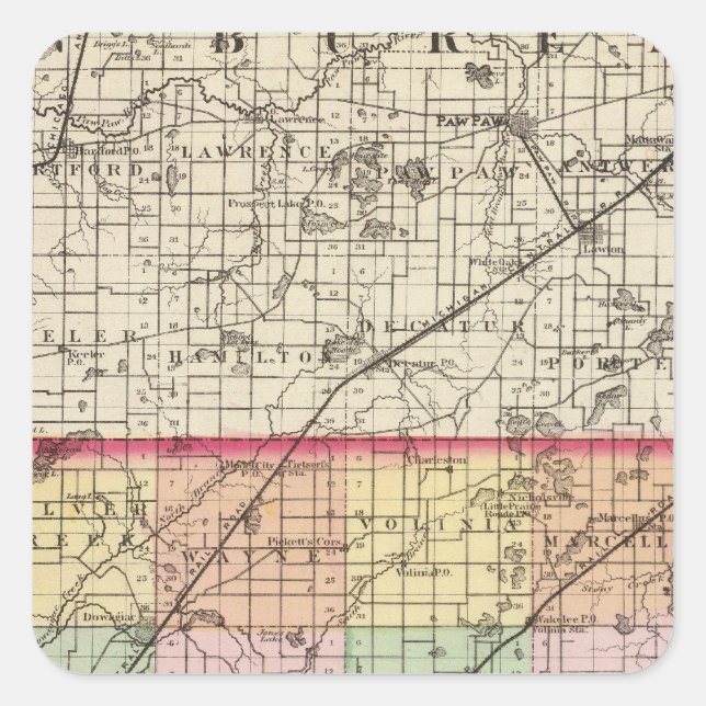 Pegatina Cuadrada Mapa del condado de Cass, Michigan (Anverso)