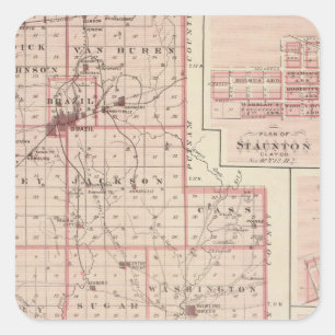 Pegatina Cuadrada Mapa del condado de Clay con Staunton, armonía