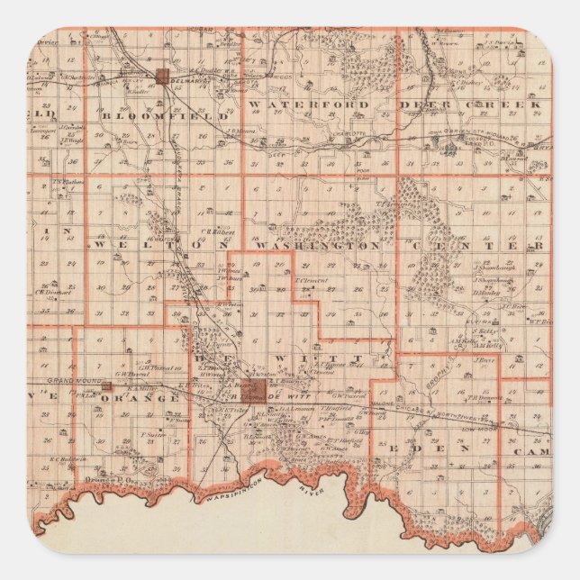 Pegatina Cuadrada Mapa del condado de Clinton, estado de Iowa (Anverso)