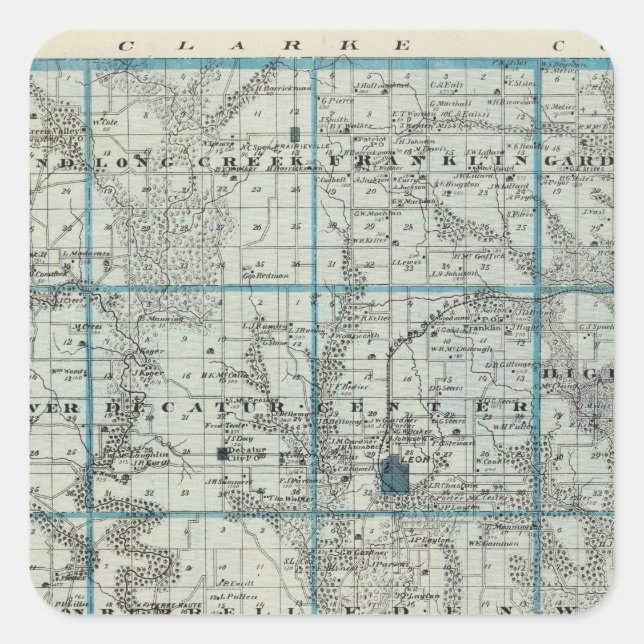 Pegatina Cuadrada Mapa del condado de Decatur, estado de Iowa (Anverso)
