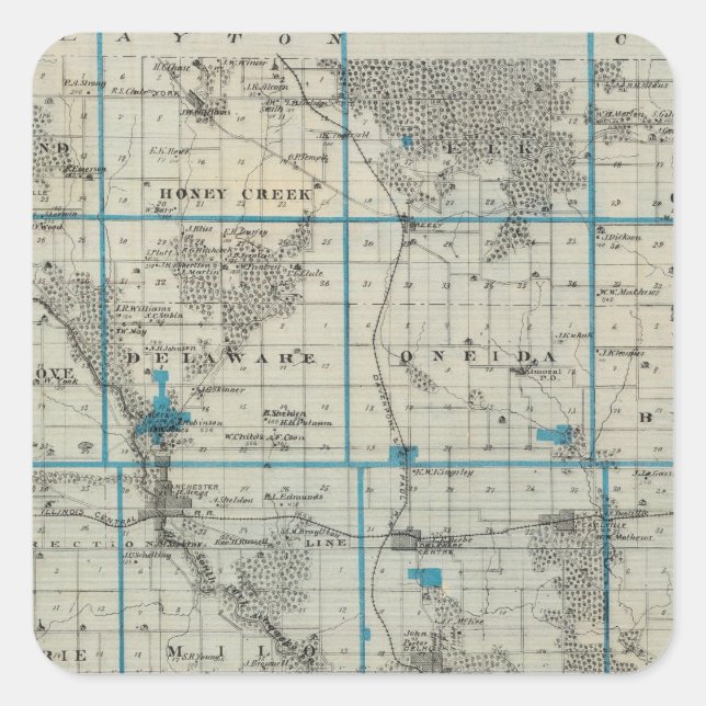 Pegatina Cuadrada Mapa del condado de Delaware, estado de Iowa (Anverso)