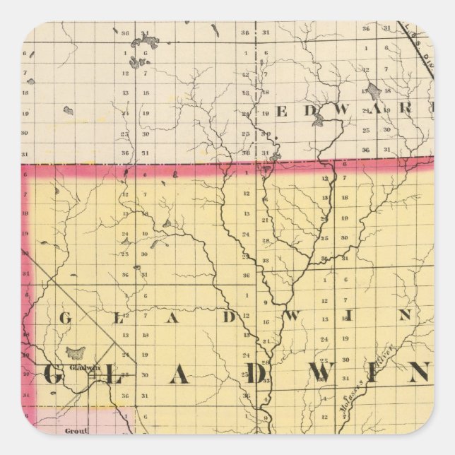 Pegatina Cuadrada Mapa del condado de Gladwin, Michigan (Anverso)