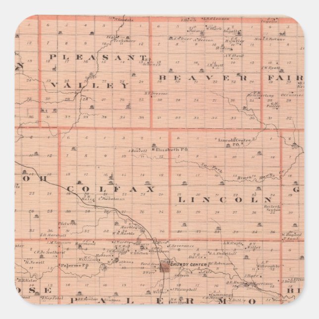 Pegatina Cuadrada Mapa del condado de Grundy, estado de Iowa (Anverso)