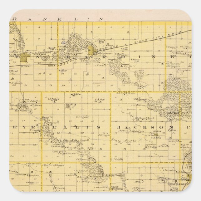 Pegatina Cuadrada Mapa del condado de Hardin, estado de Iowa (Anverso)