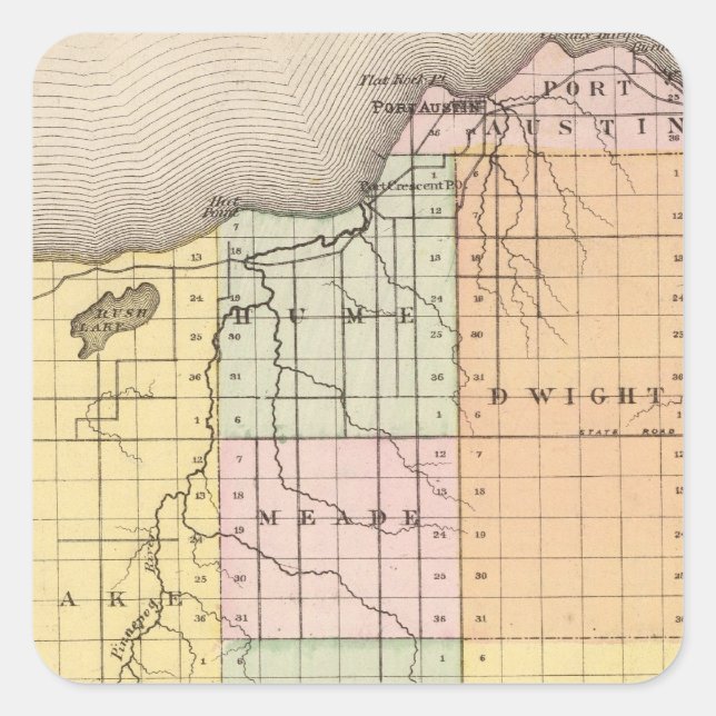 Pegatina Cuadrada Mapa del condado de Huron, Michigan (Anverso)