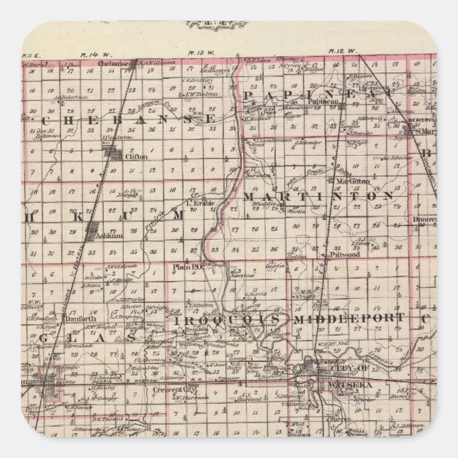 Pegatina Cuadrada Mapa del condado de Iroquois (Anverso)