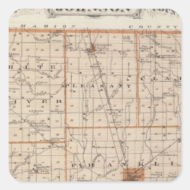 Pegatina Cuadrada Mapa del condado de Johnson (Anverso)