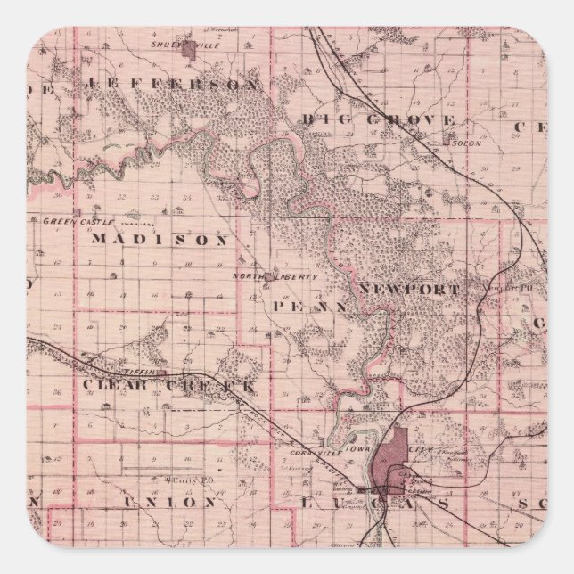 Pegatina Cuadrada Mapa del condado de Johnson, estado de Iowa (Anverso)