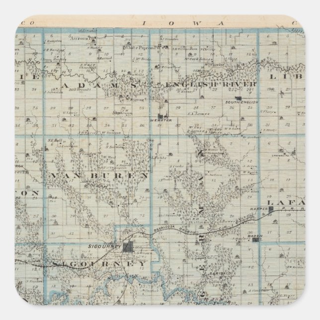 Pegatina Cuadrada Mapa del condado de Keokuk, estado de Iowa (Anverso)