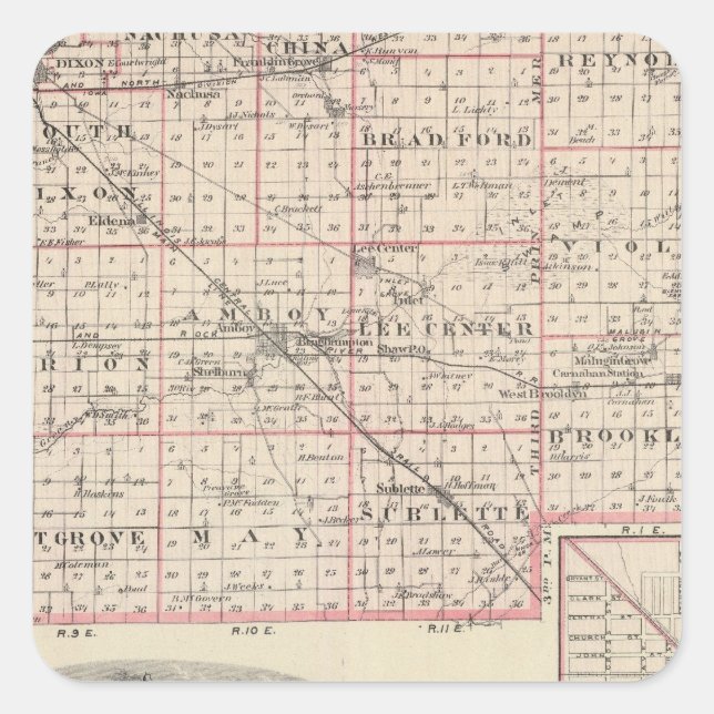 Pegatina Cuadrada Mapa del condado de Lee y Amboy (Anverso)