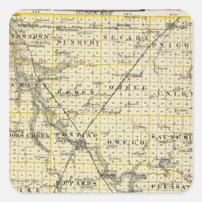 Pegatina Cuadrada Mapa del condado de Livingston y Pontiac (Anverso)