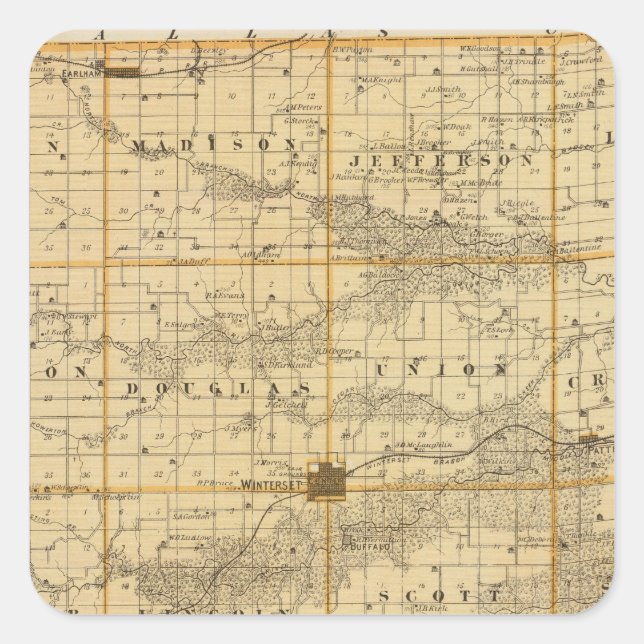 Pegatina Cuadrada Mapa del condado de Madison, estado de Iowa (Anverso)