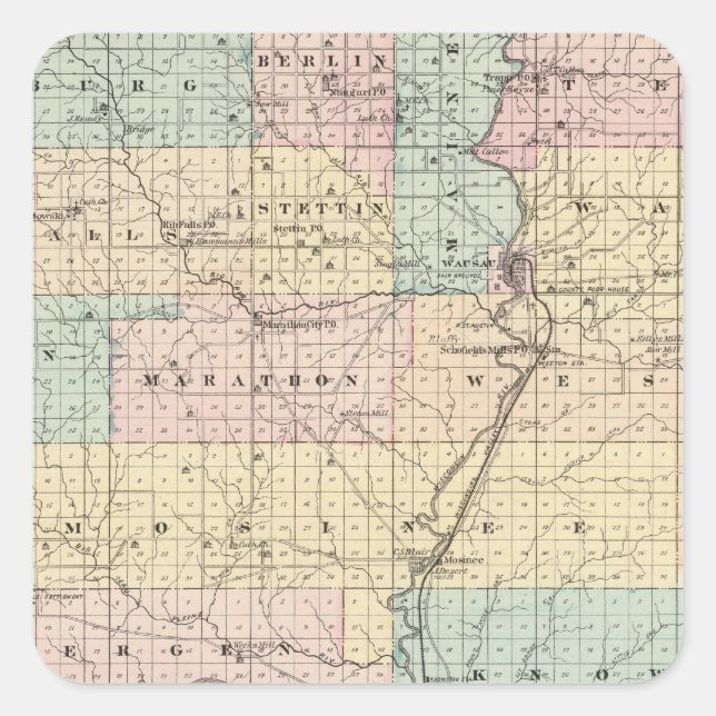 Pegatina Cuadrada Mapa del condado de Marathon (Anverso)