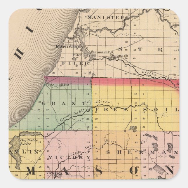 Pegatina Cuadrada Mapa del condado de Mason, Michigan (Anverso)