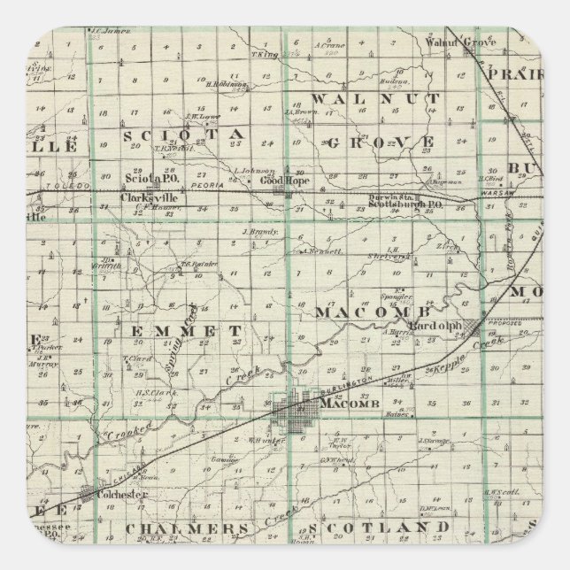Pegatina Cuadrada Mapa del condado de McDonough, Rushville (Anverso)