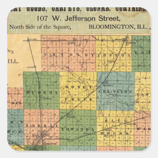 Pegatina Cuadrada Mapa del condado de McLean, Illinois 1886 (Anverso)