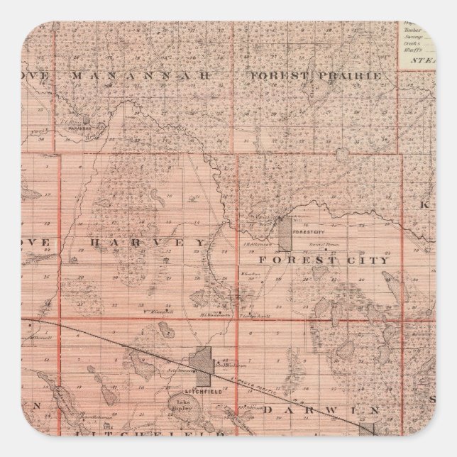 Pegatina Cuadrada Mapa del condado de Meeker, Minnesota (Anverso)