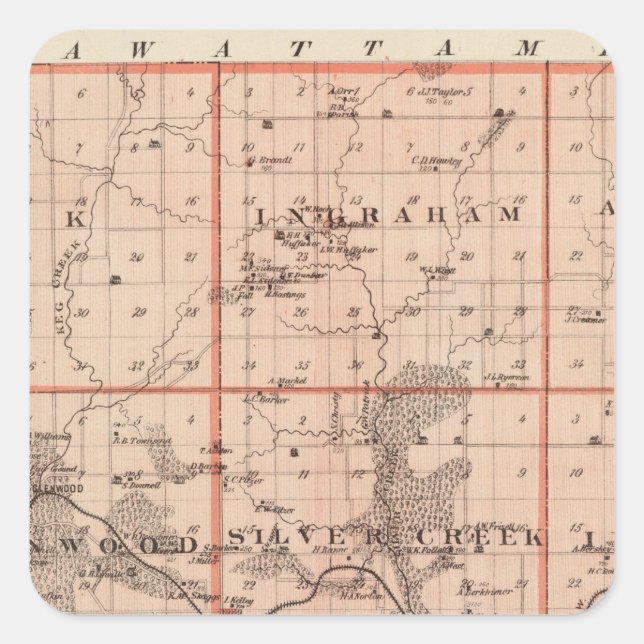 Pegatina Cuadrada Mapa del condado de Mills, estado de Iowa (Anverso)