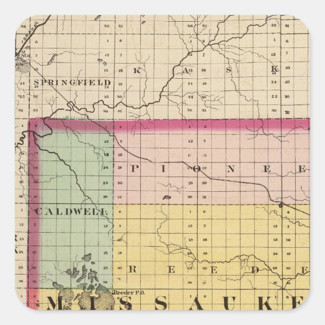 Pegatina Cuadrada Mapa del condado de Missaukee, Michigan (Anverso)