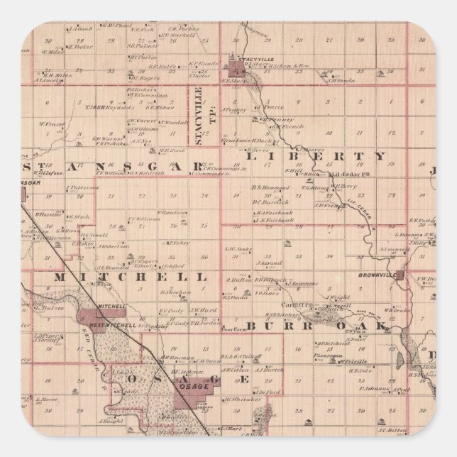 Pegatina Cuadrada Mapa del condado de Mitchell, estado de Iowa (Anverso)