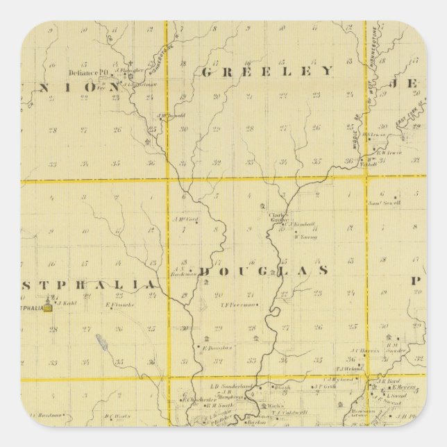Pegatina Cuadrada Mapa del condado de Monona, estado de Iowa (Anverso)
