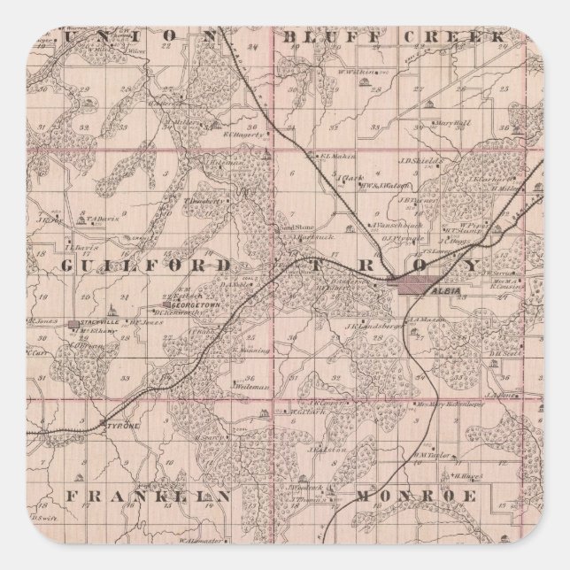 Pegatina Cuadrada Mapa del condado de Monroe, estado de Iowa (Anverso)