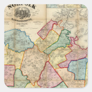Pegatina Cuadrada Mapa del condado de Norfolk, Massachusetts