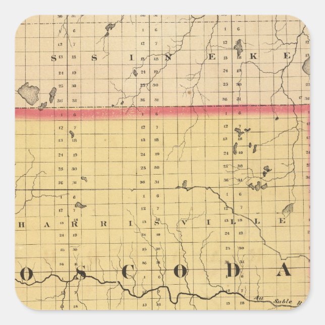 Pegatina Cuadrada Mapa del condado de Oscoda, Michigan (Anverso)