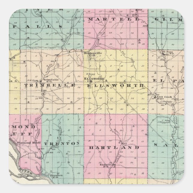 Pegatina Cuadrada Mapa del condado de Pierce y Ellsworth (Anverso)