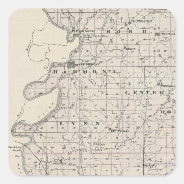 Pegatina Cuadrada Mapa del condado de Posey (Anverso)
