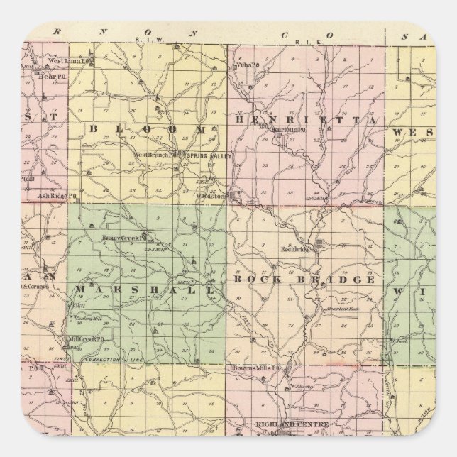 Pegatina Cuadrada Mapa del condado de Richland, estado de Wisconsin (Anverso)