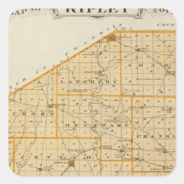 Pegatina Cuadrada Mapa del condado de Ripley (Anverso)