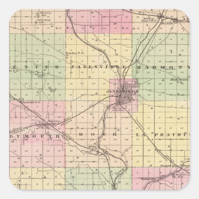 Pegatina Cuadrada Mapa del condado de Rock, estado de Wisconsin (Anverso)