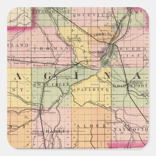 Pegatina Cuadrada Mapa del condado de Saginaw, Michigan (Anverso)