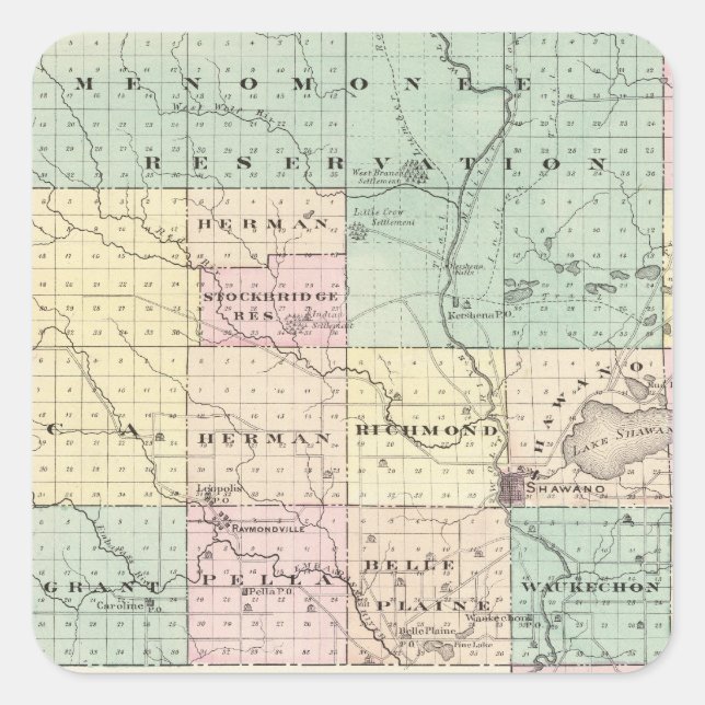 Pegatina Cuadrada Mapa del condado de Shawano, estado de Wisconsin (Anverso)