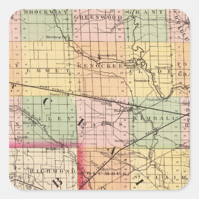 Pegatina Cuadrada Mapa del condado de St Clair, Michigan (Anverso)