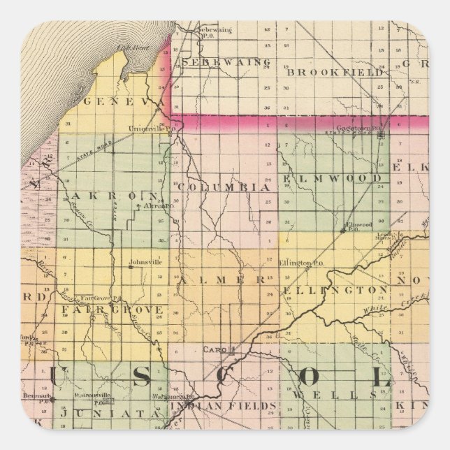 Pegatina Cuadrada Mapa del condado de Tuscola, Michigan (Anverso)