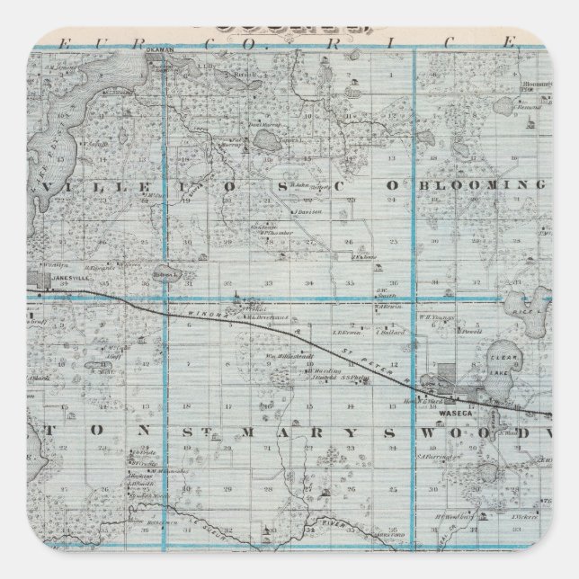 Pegatina Cuadrada Mapa del condado de Waseca, Minnesota (Anverso)