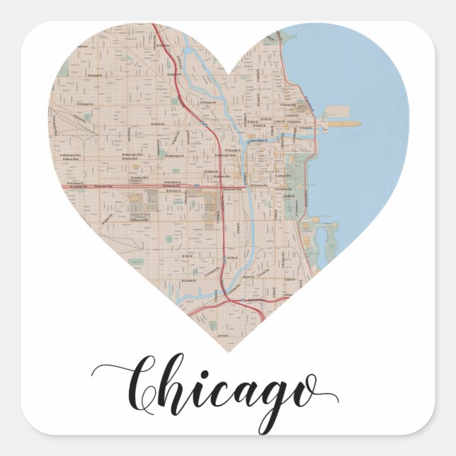Pegatina Cuadrada Mapa del corazón de Chicago (Anverso)