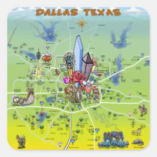 Pegatina Cuadrada Mapa del dibujo animado de Dallas Tejas