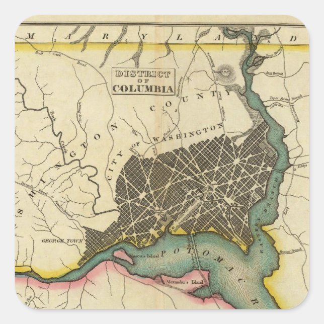 Pegatina Cuadrada Mapa Del Distrito De Columbia (Anverso)