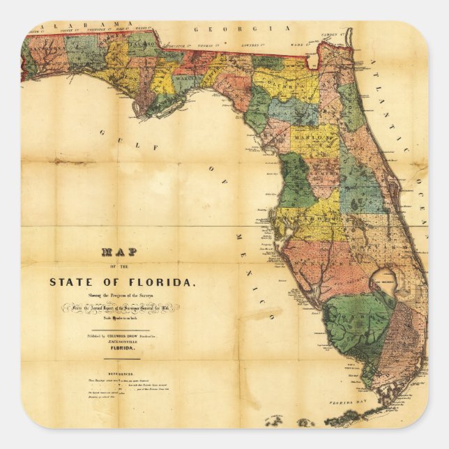 Pegatina Cuadrada Mapa del estado de Florida (1856) (Anverso)