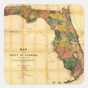 Pegatina Cuadrada Mapa del estado de la Florida (1856)