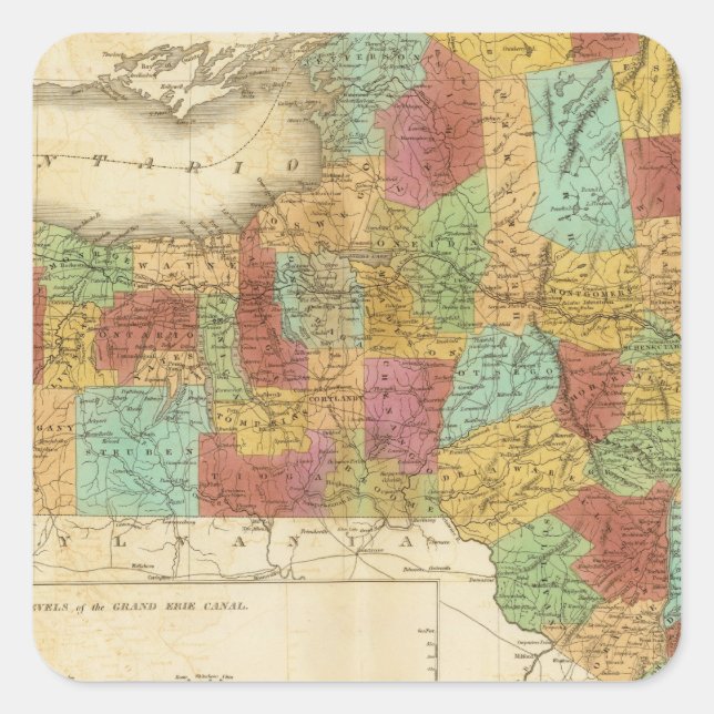 Pegatina Cuadrada Mapa Del Estado De Nueva York (Anverso)