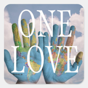 Pegatina Cuadrada Mapa del Globo Mundial de la Paz en mano un amor P