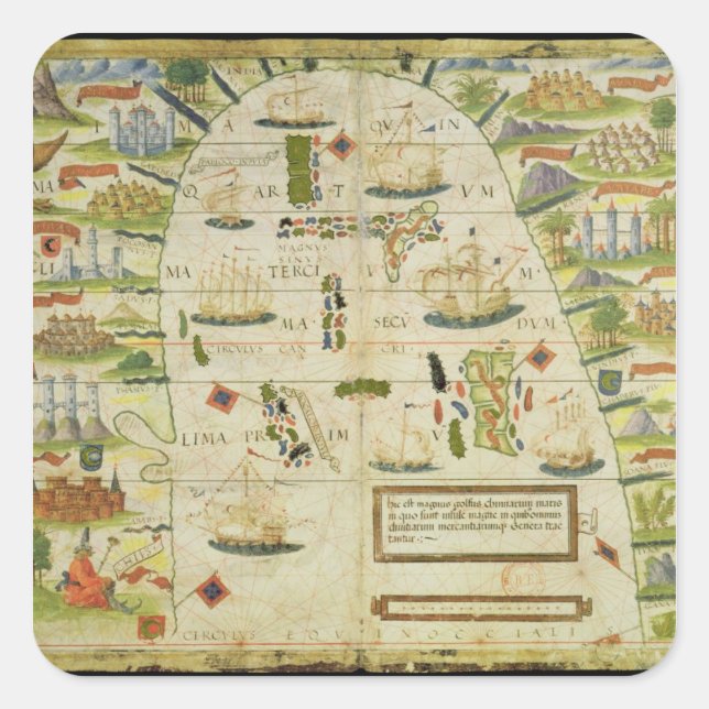 Pegatina Cuadrada Mapa del mar de China, facsímil del 'Atlas Miller' (Anverso)