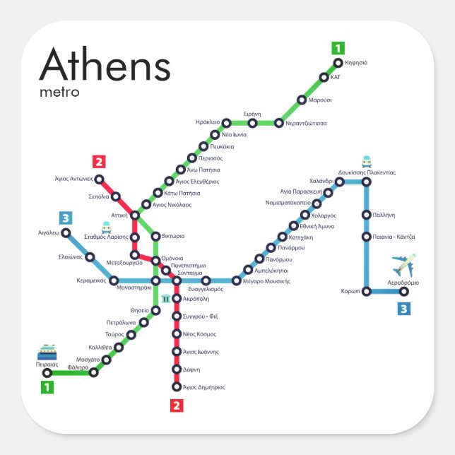 Pegatina Cuadrada Mapa del metro de Atenas (Anverso)